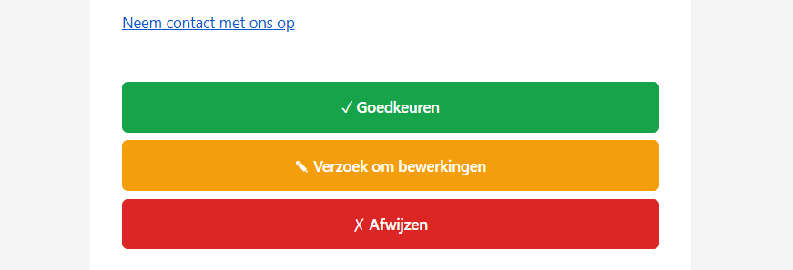 Het goedkeuringsscherm in RAVIK met de knoppen goedkeuren, wijzigingen aanvragen en afwijzen.
